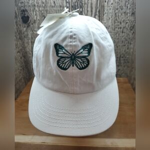 NWT Women's Green Embroidered Butterfly White Hat Cap Adjustable Snapback OSFM